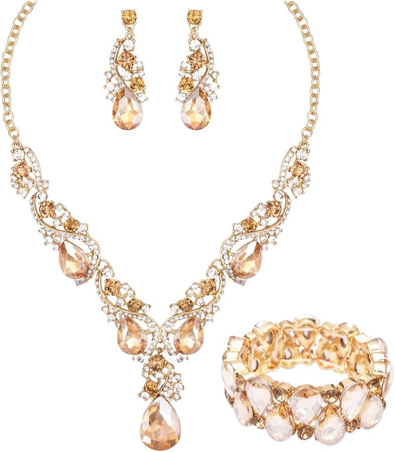 CSY Women's Elegant Bridal Necklace Earrings Stretch Bangle Bracelsts Set for Bride Bridesmaid Wedding Teardrop Crystal Costume Jewelry Sets - Image 1
